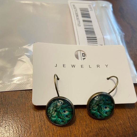 Peacock Print Drop Hoop Dangle Earrings - Picture 3 of 6